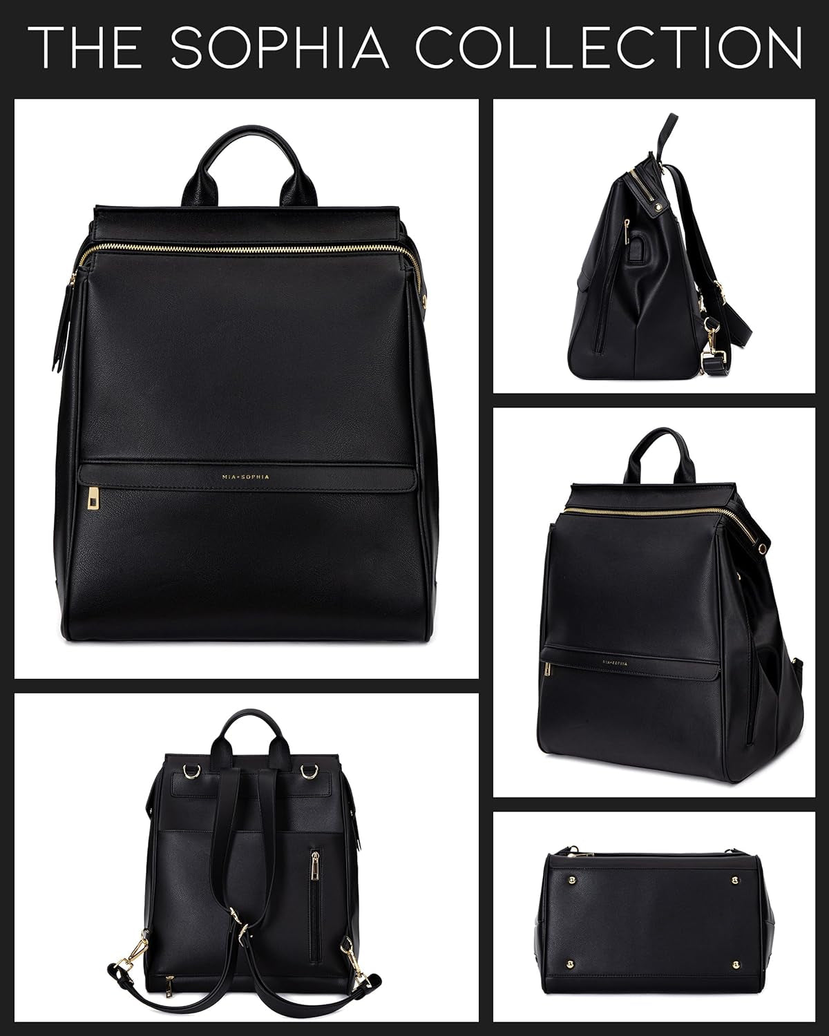 Leather Diaper Bag Backpack with USB Charging Port, Changing Pad, Stroller Straps, and Bottle Holder (Black Sophia)