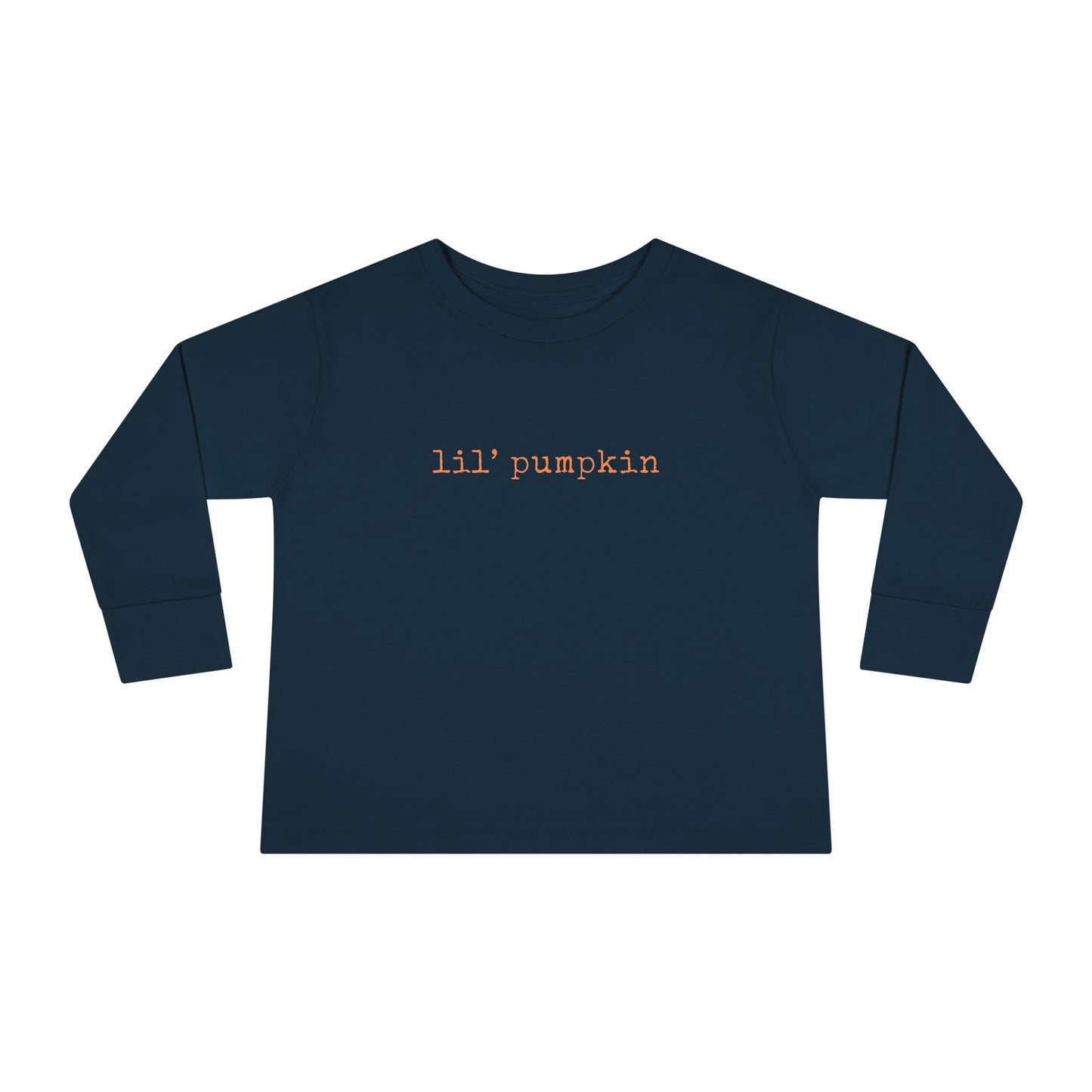 Navy blue long-sleeve shirt with 'lil' pumpkin' text on a white background