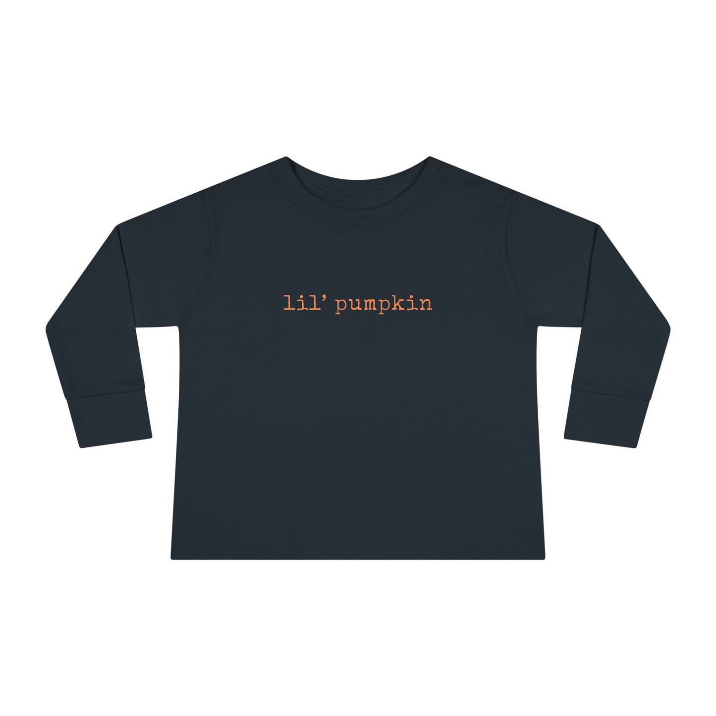 Black long-sleeve shirt with 'lil' pumpkin' text on a white background