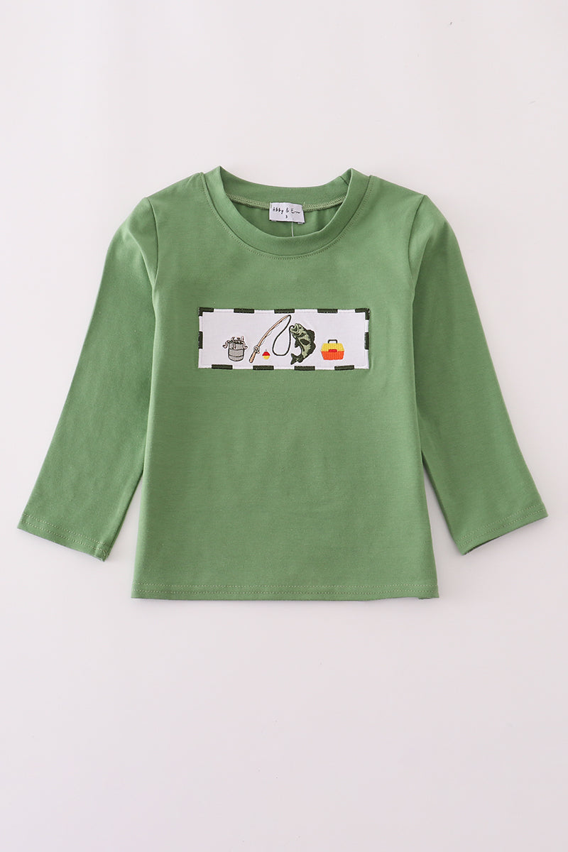 Green long-sleeve shirt with a graphic on a white background