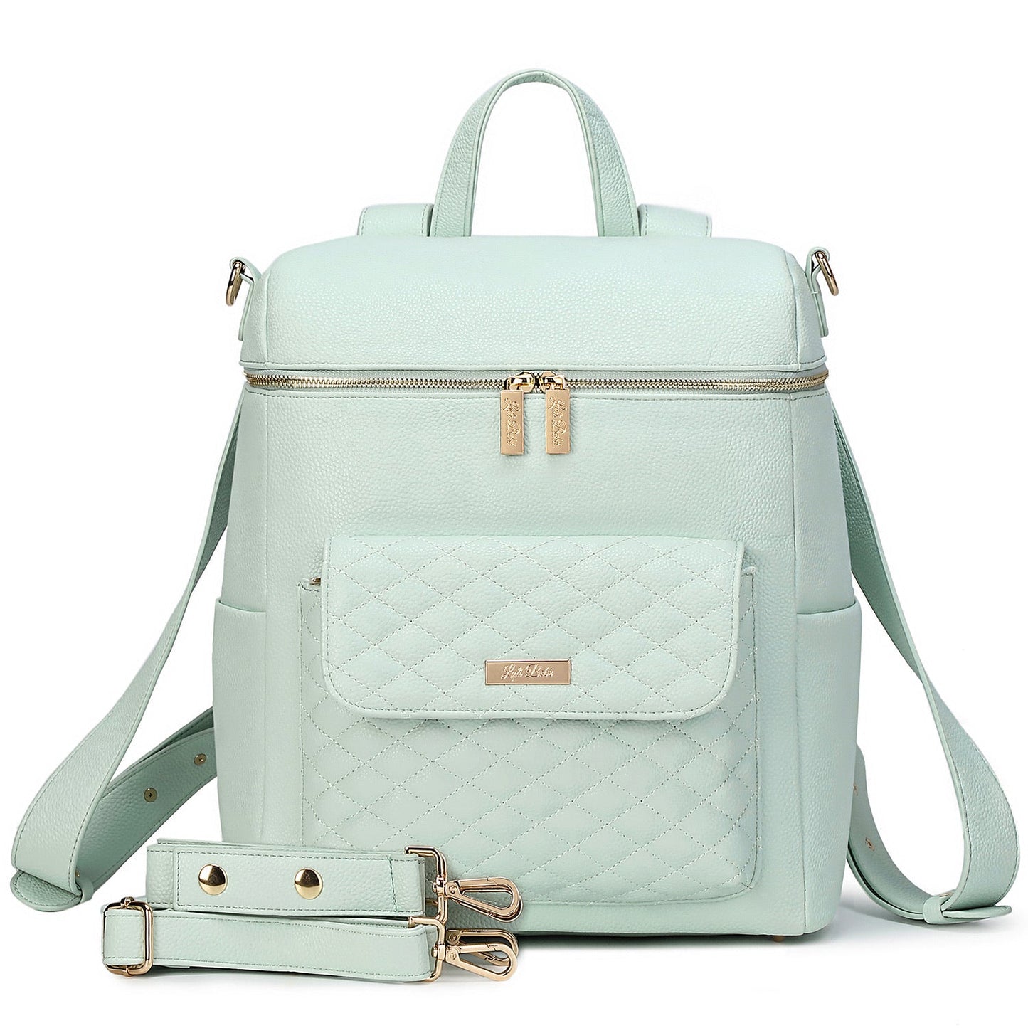 Light blue backpack with quilted front pocket on a white background