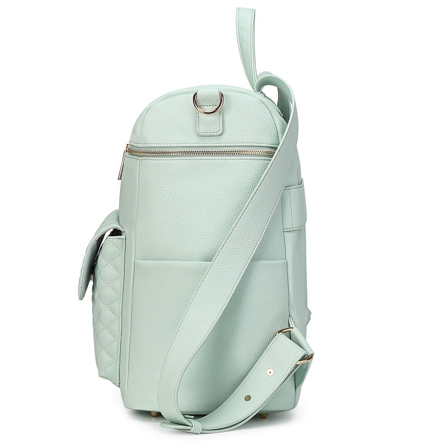 Light blue backpack with a strap on a white background