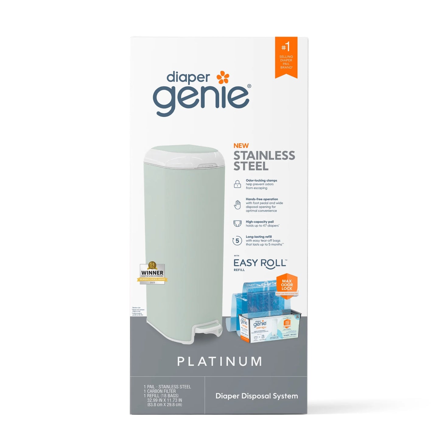 Platinum Pail,White,Stainless Steel, 1 Diaper Pail,1 Easy Roll 18 Bags, Infant