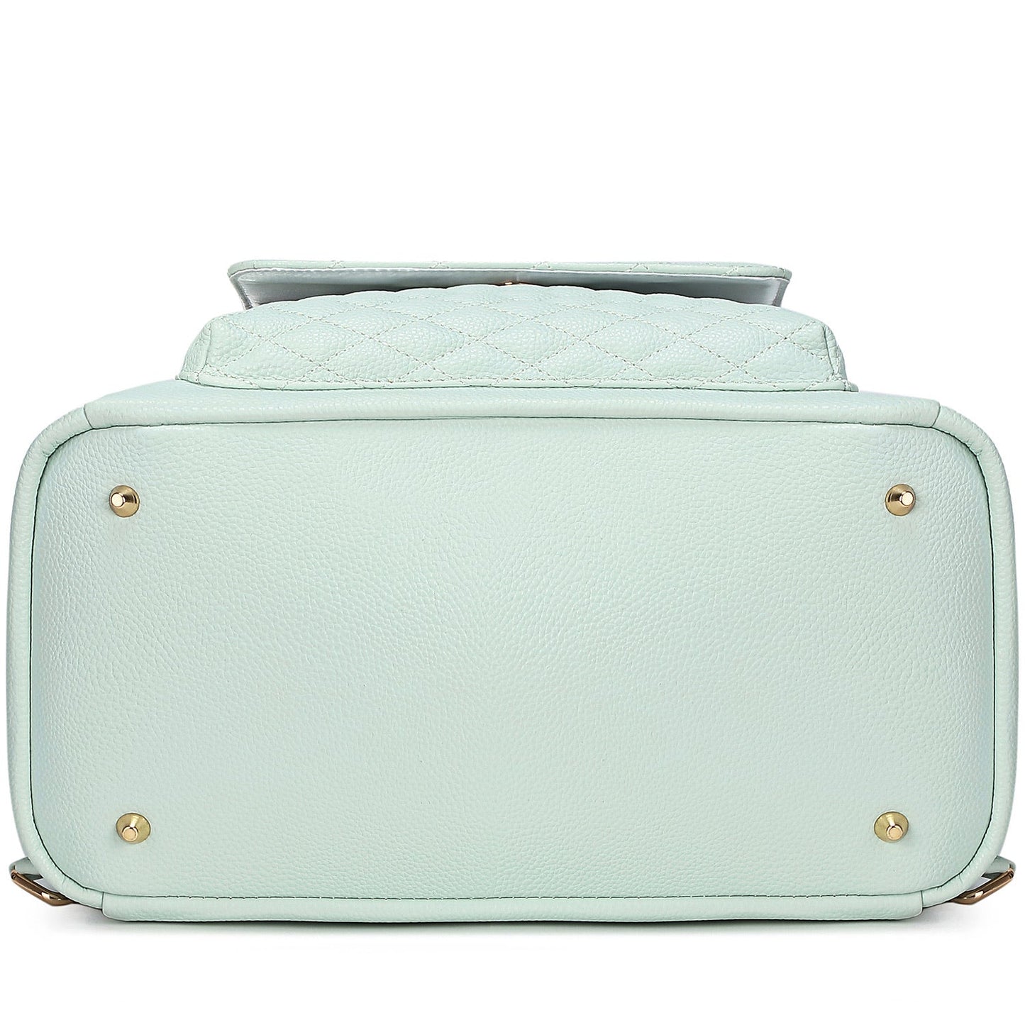 Light blue handbag with gold accents on a white background