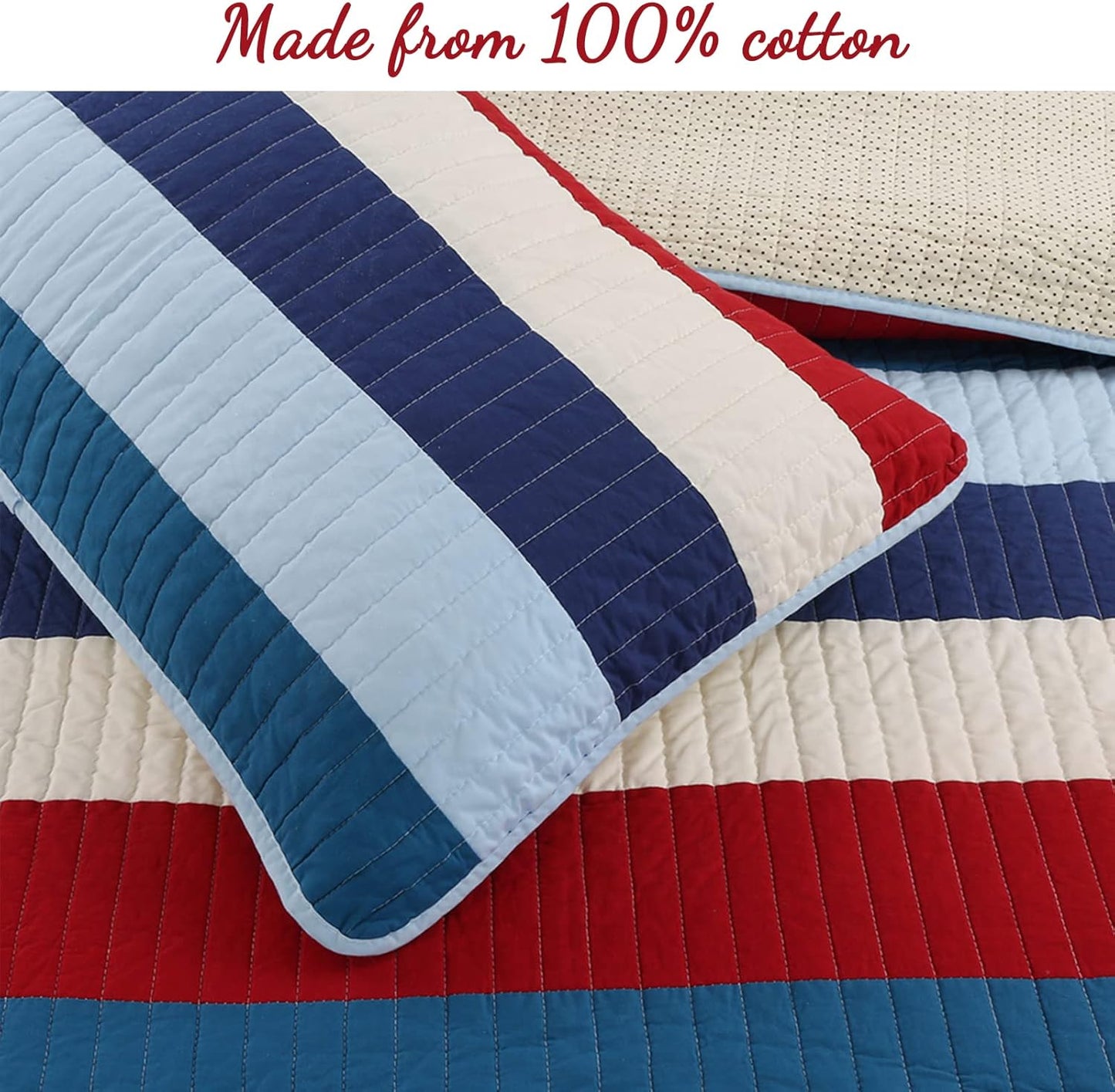 Aaron Bedding Quilt Set, Nautical Navy Blue Red Off-White Striped 100% Cotton Reversible Coverlet Bedspread Bedding Set (National Stripe, Twin - 2 Piece)