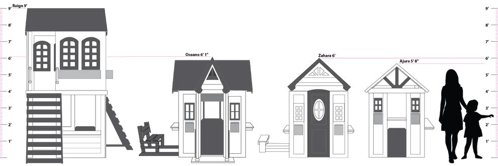 Set of playhouse designs with dimensions and a family figure for scale.