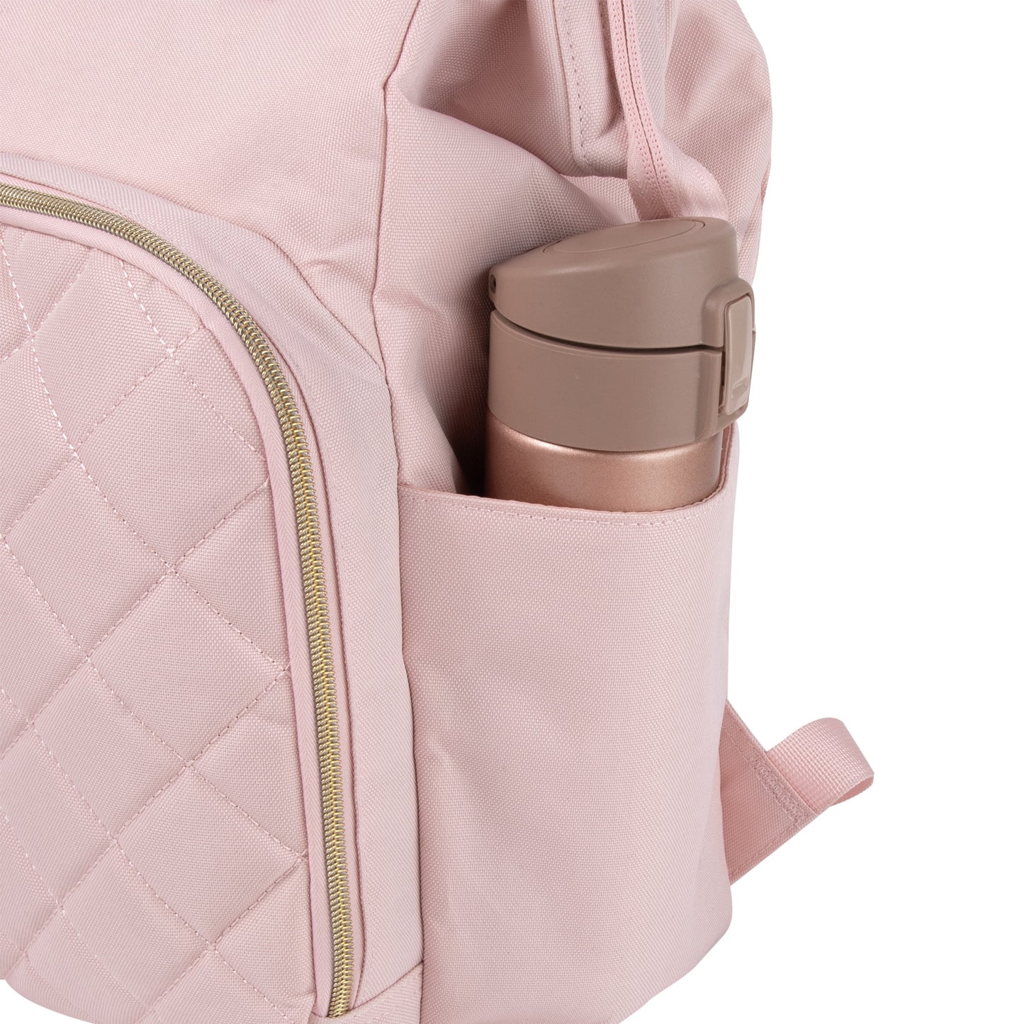 Super Cooler Main Frame Dual Zipper Closure Diaper Bag Backpack Tote with Matching 6-Ply Changing Pad, Insulated Bottle Pockets, Stroller Straps and Pacifier Pouch in Mauve Pink