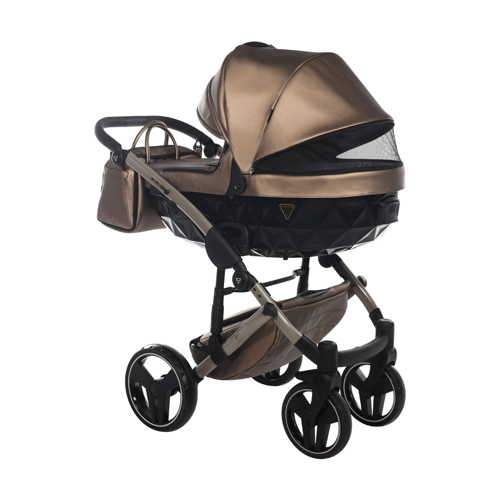 Brown and black baby stroller on a white background