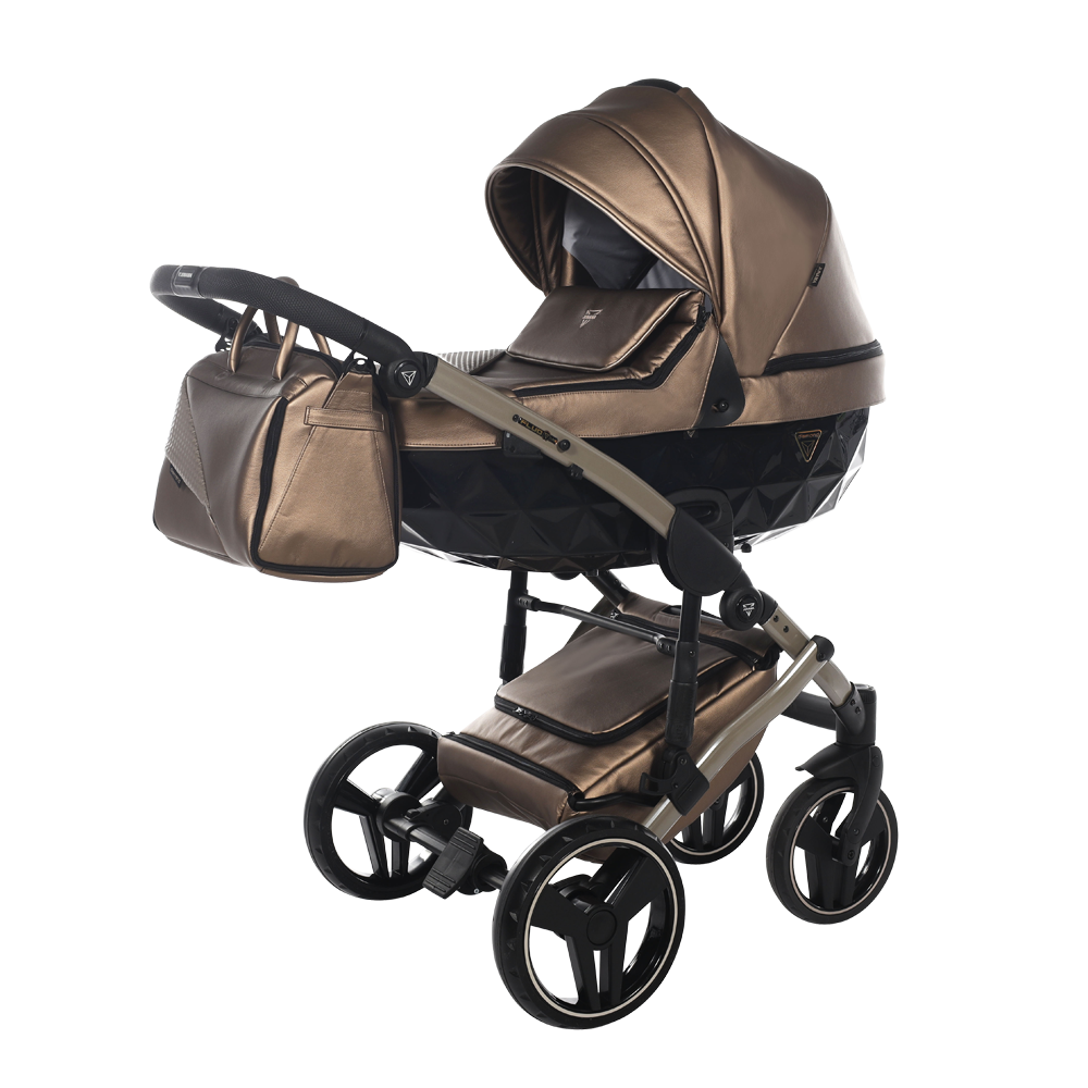 Brown baby stroller with matching bag on a white background
