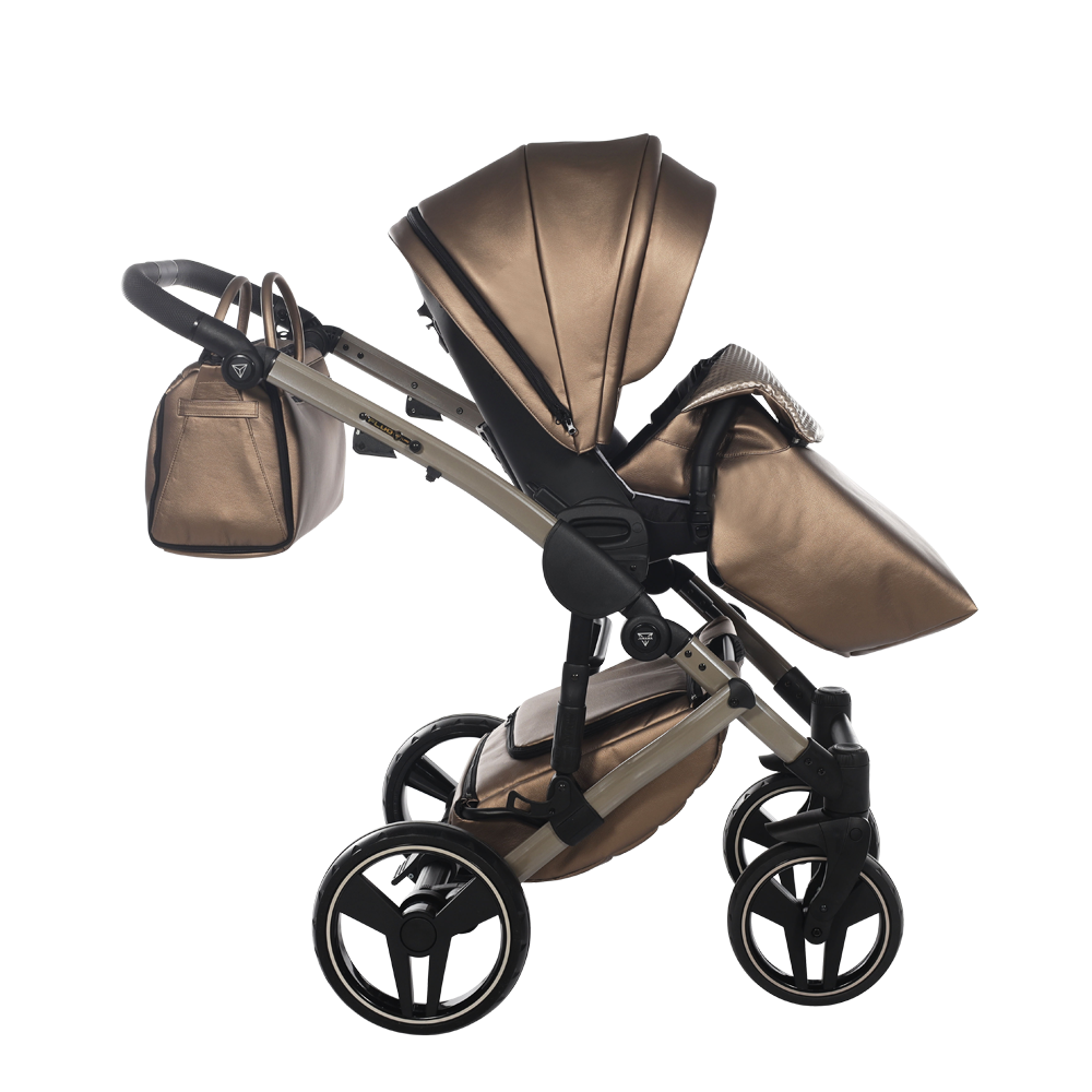 Brown baby stroller with canopy on a white background