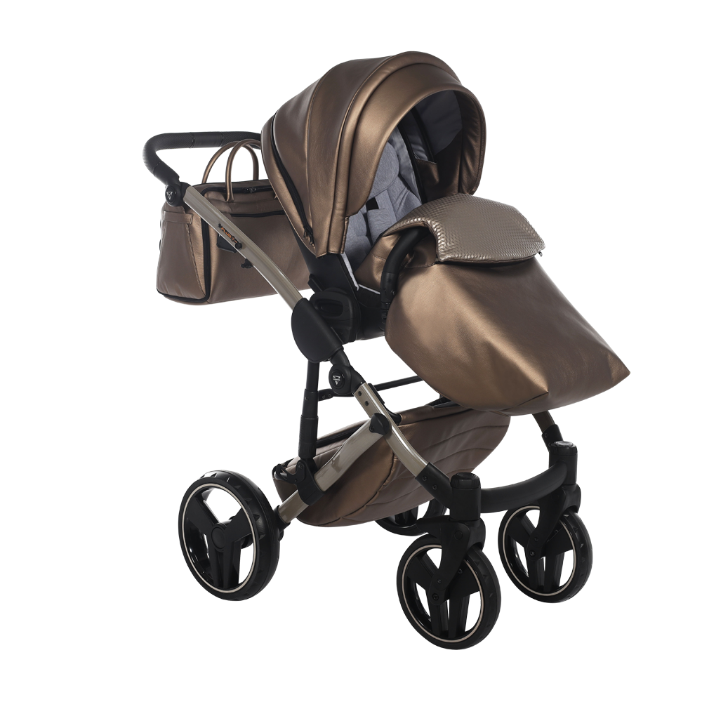 Brown baby stroller with canopy on a white background