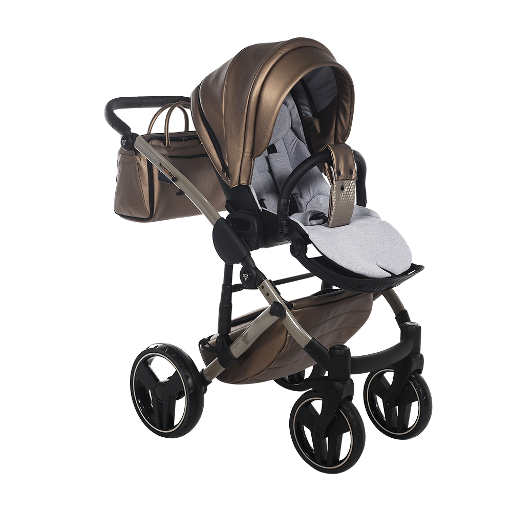 Brown and black stroller with a baby seat on a white background