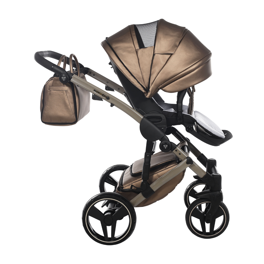 Brown and black stroller with matching bag on a white background