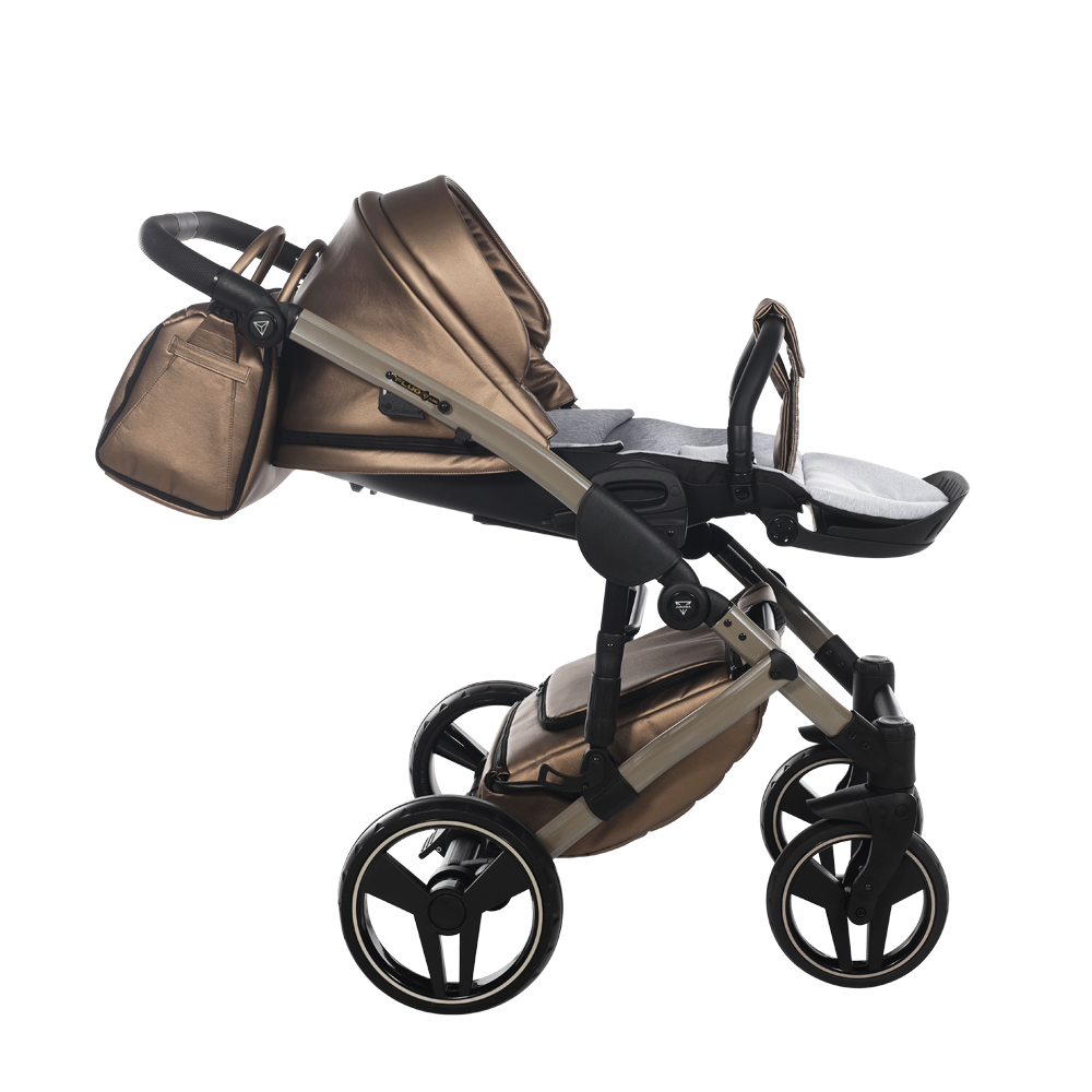 Brown baby stroller with canopy on a white background
