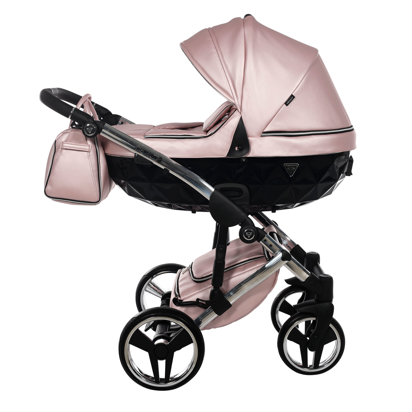 Pink baby stroller with matching bag on a white background