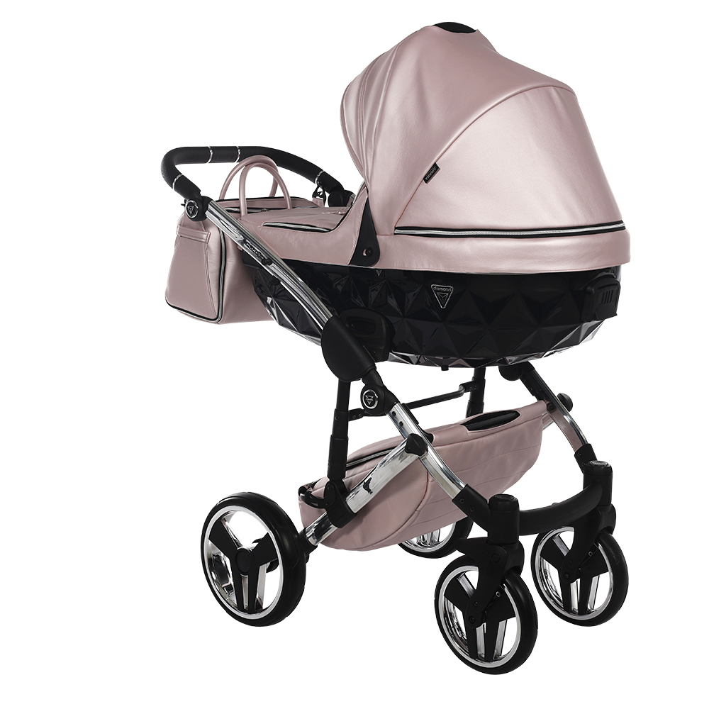 Baby stroller with pink canopy and base on a white background