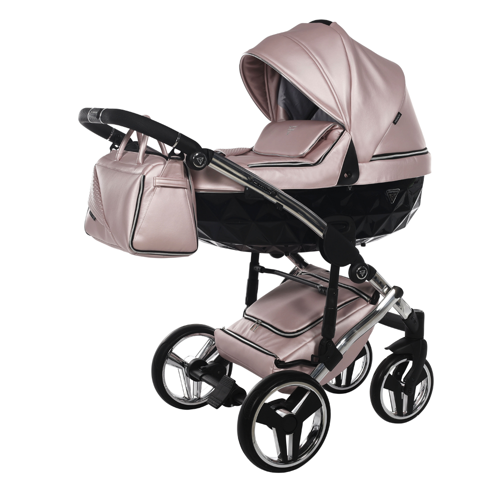 Pink baby stroller with matching bag on a white background