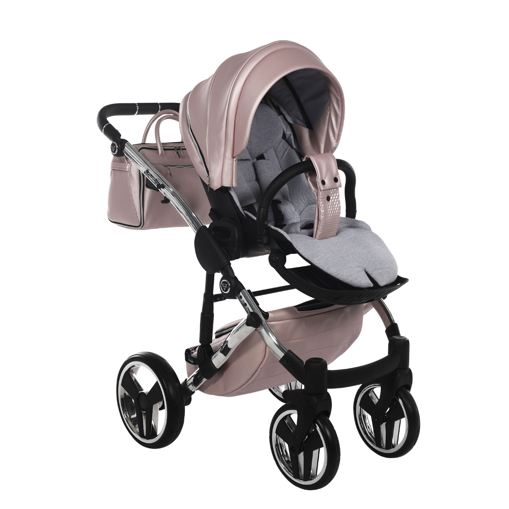 Pink and gray stroller with matching bag on a white background
