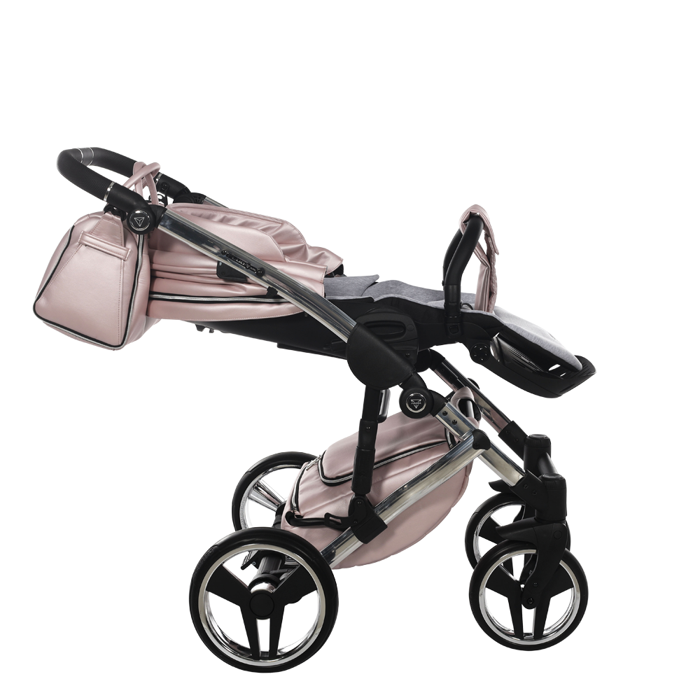 Pink and black stroller on a white background