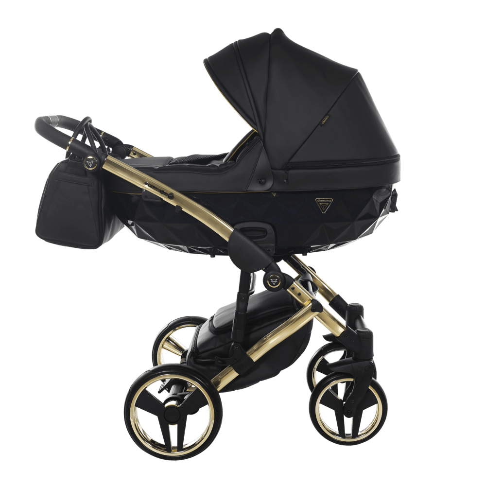 Black and gold baby stroller on a transparent background