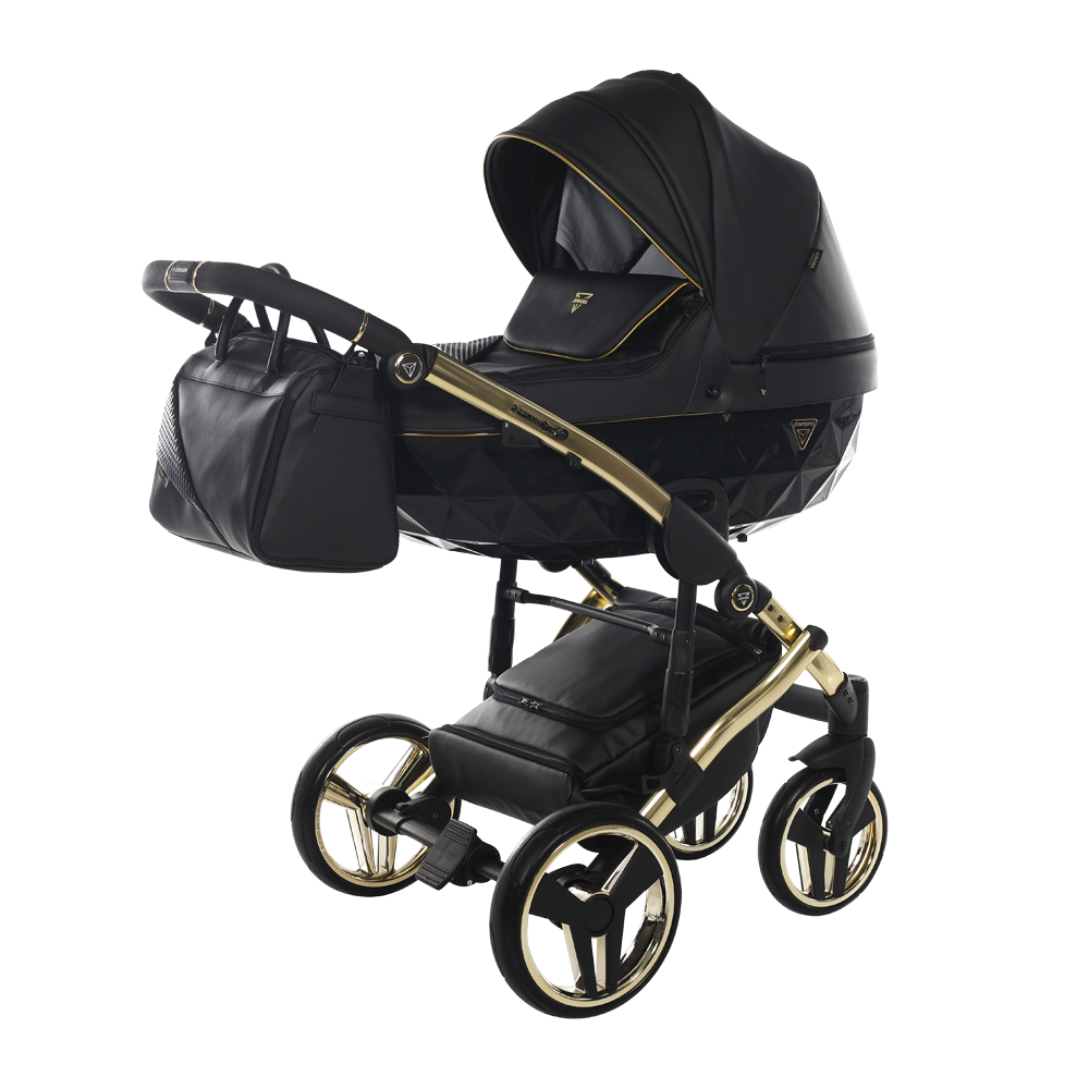 Black and gold stroller with matching bag on a white background