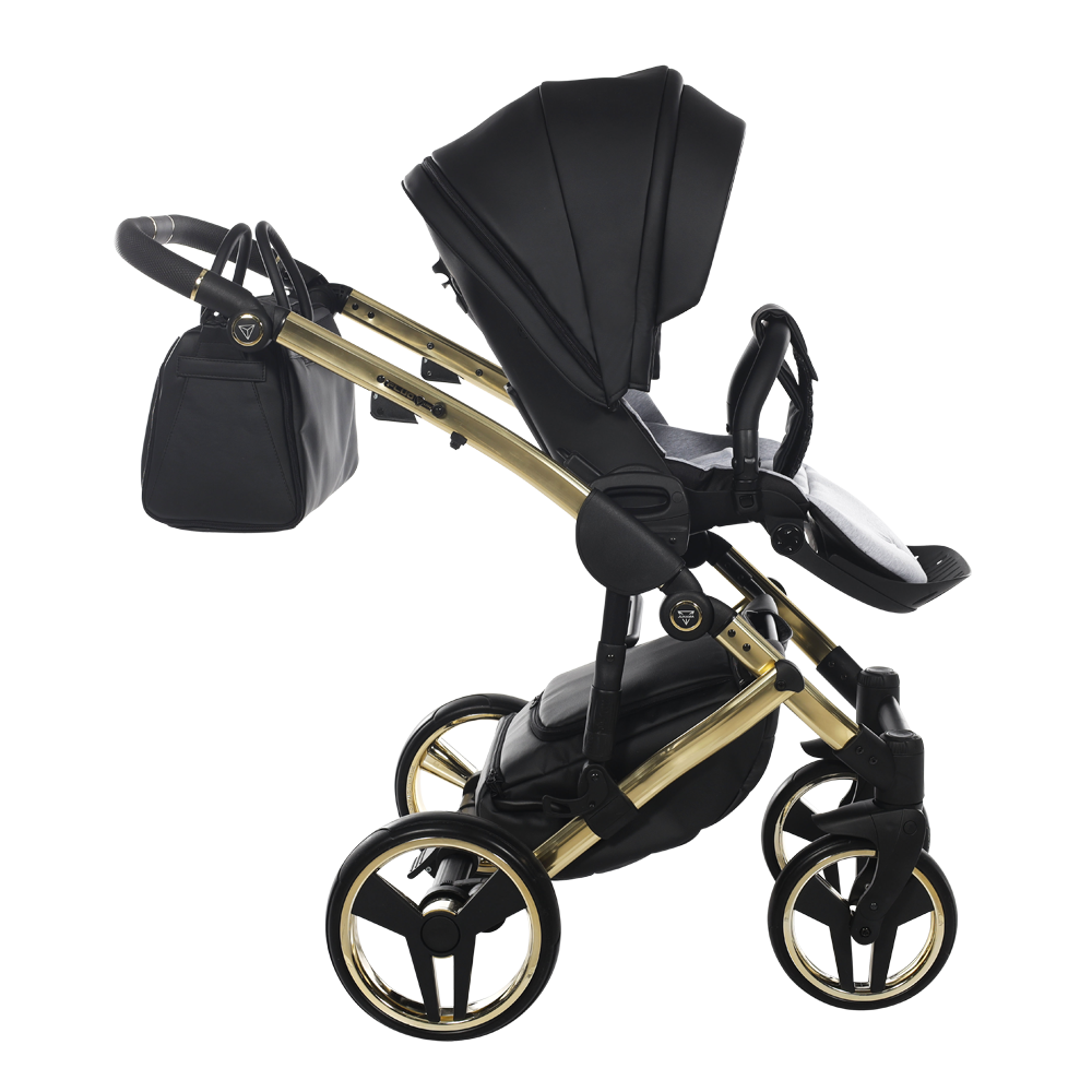 Black and gold stroller on a white background