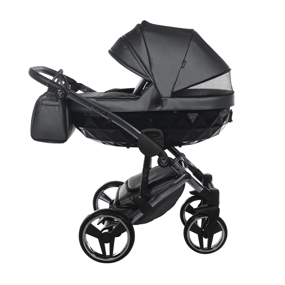 Black baby stroller on a white background