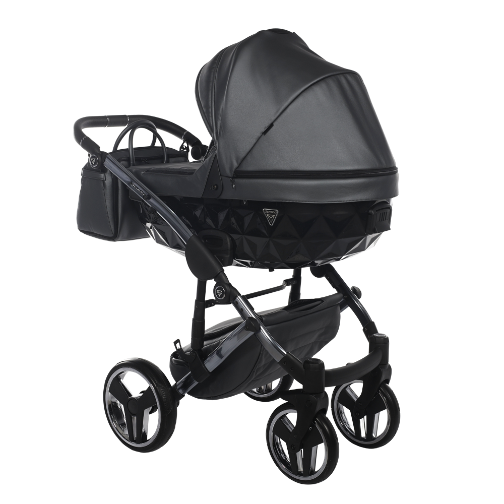 Black baby stroller with a quilted design on a white background