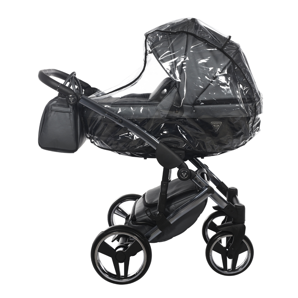 Black stroller with transparent rain cover on a white background