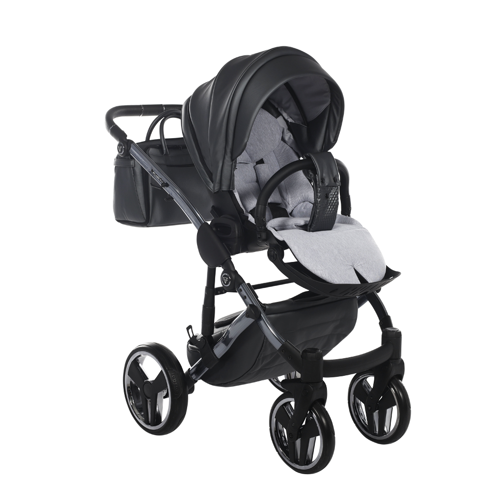 Black and gray stroller on a white background