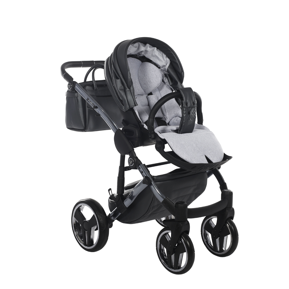 Black and gray stroller with baby seat on a white background