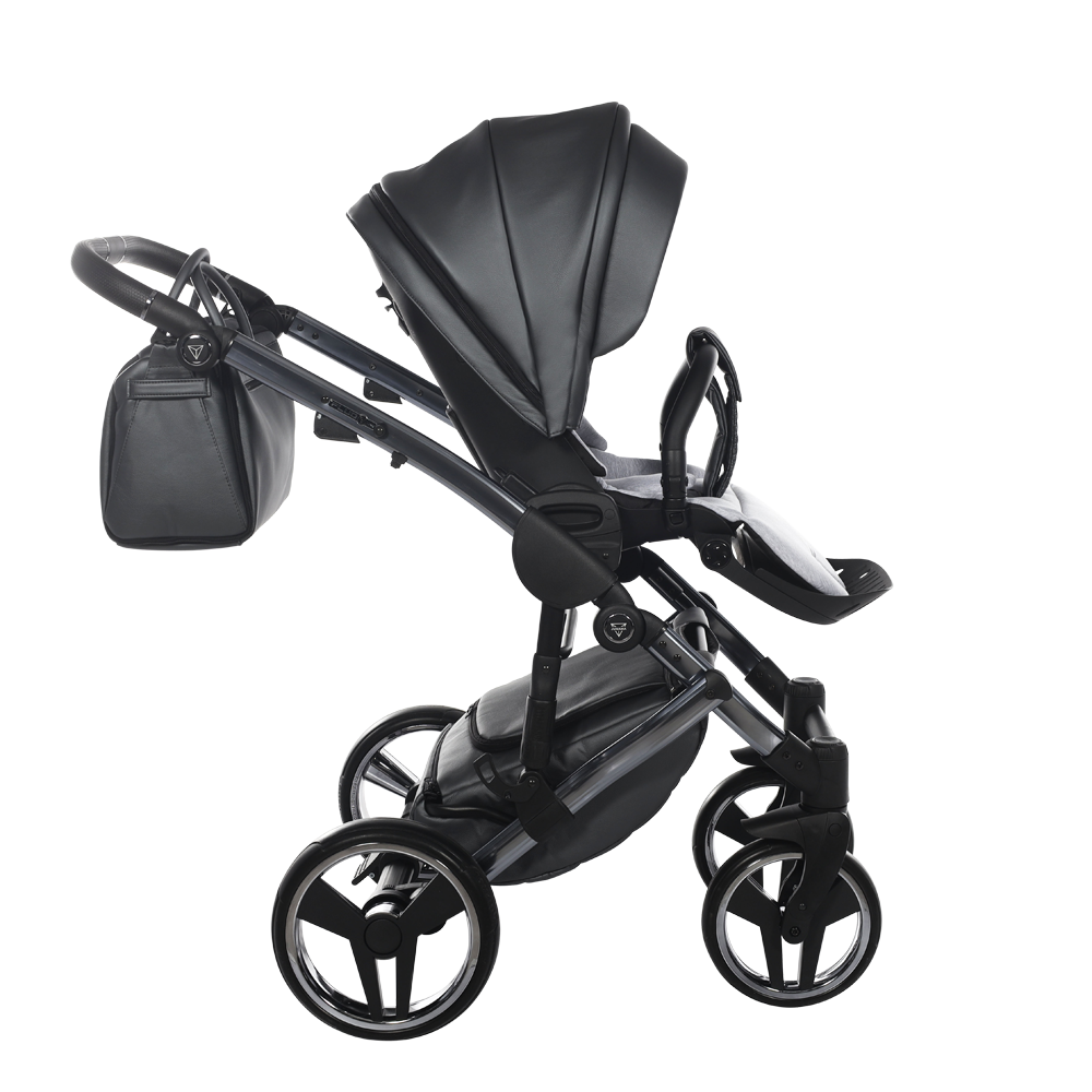 Black baby stroller with canopy on a white background