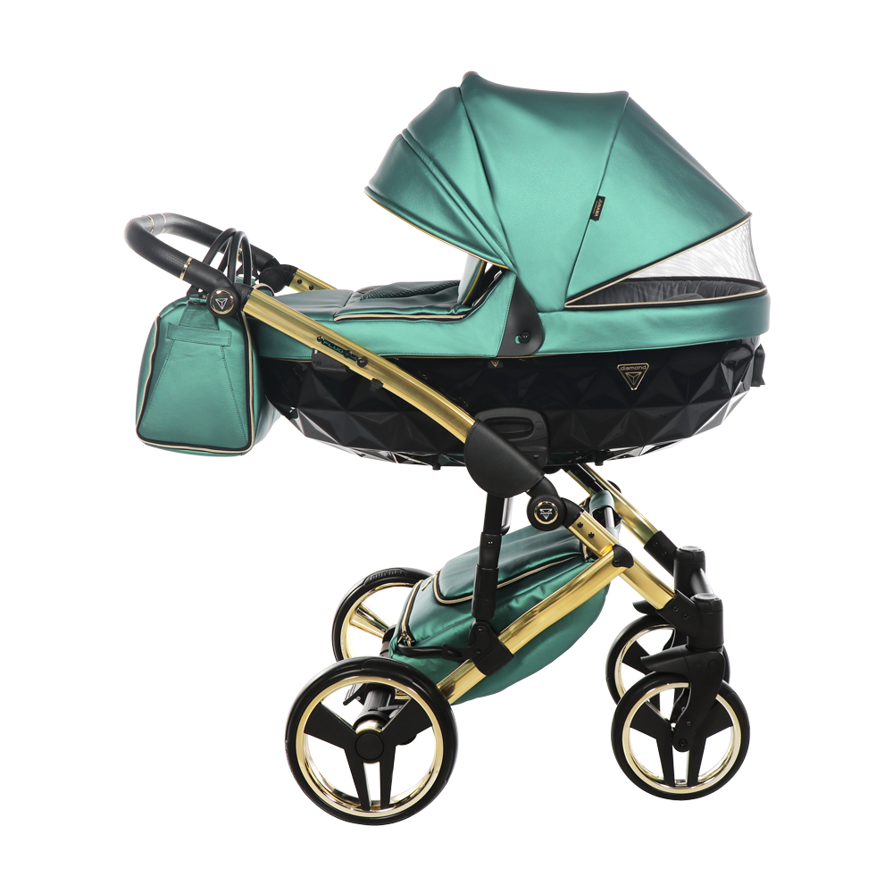 Luxury baby stroller with green and gold design on a white background