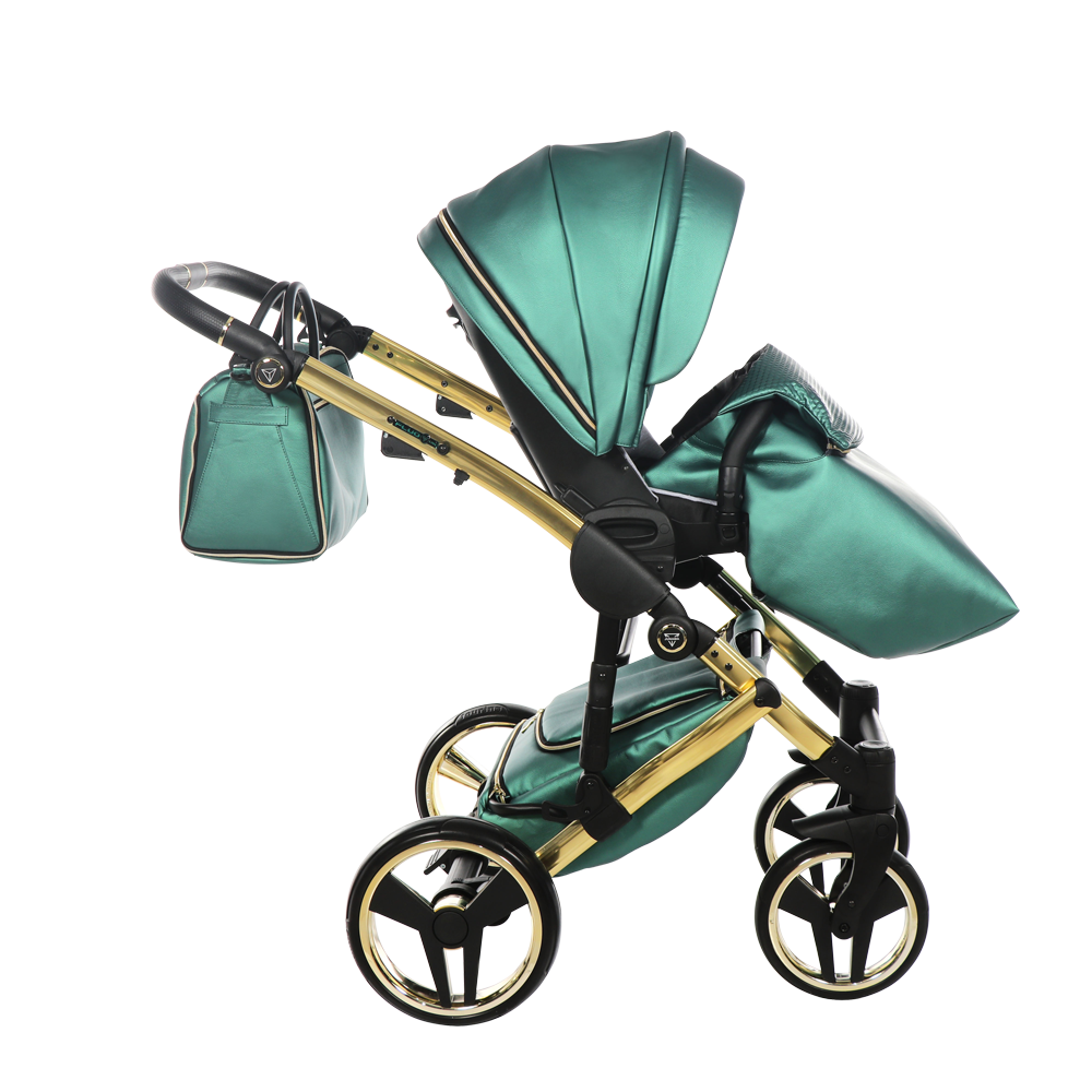 Green and gold stroller on a white background