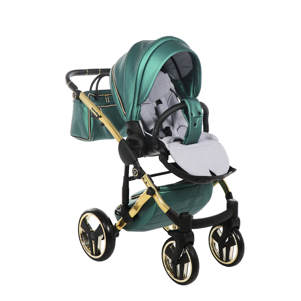 Green baby stroller with gold accents on a white background
