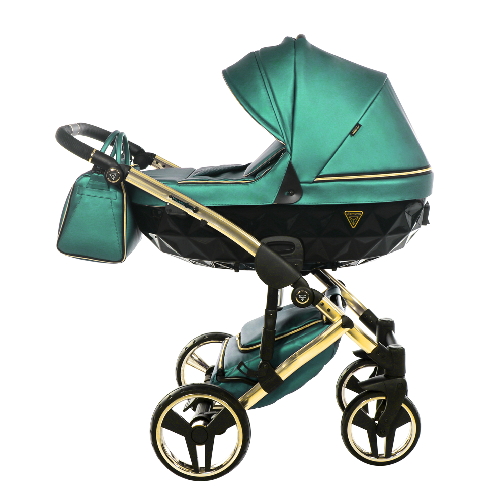 Green and gold baby stroller on a white background