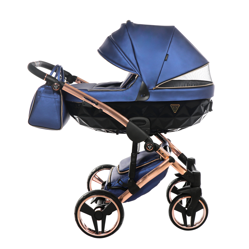 Blue and rose gold baby stroller on a white background