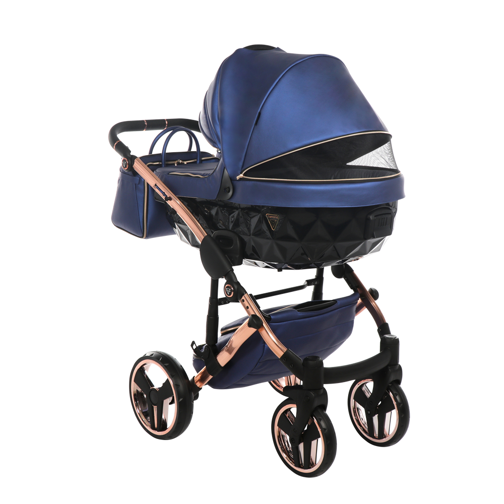 Blue baby stroller with rose gold accents on a white background