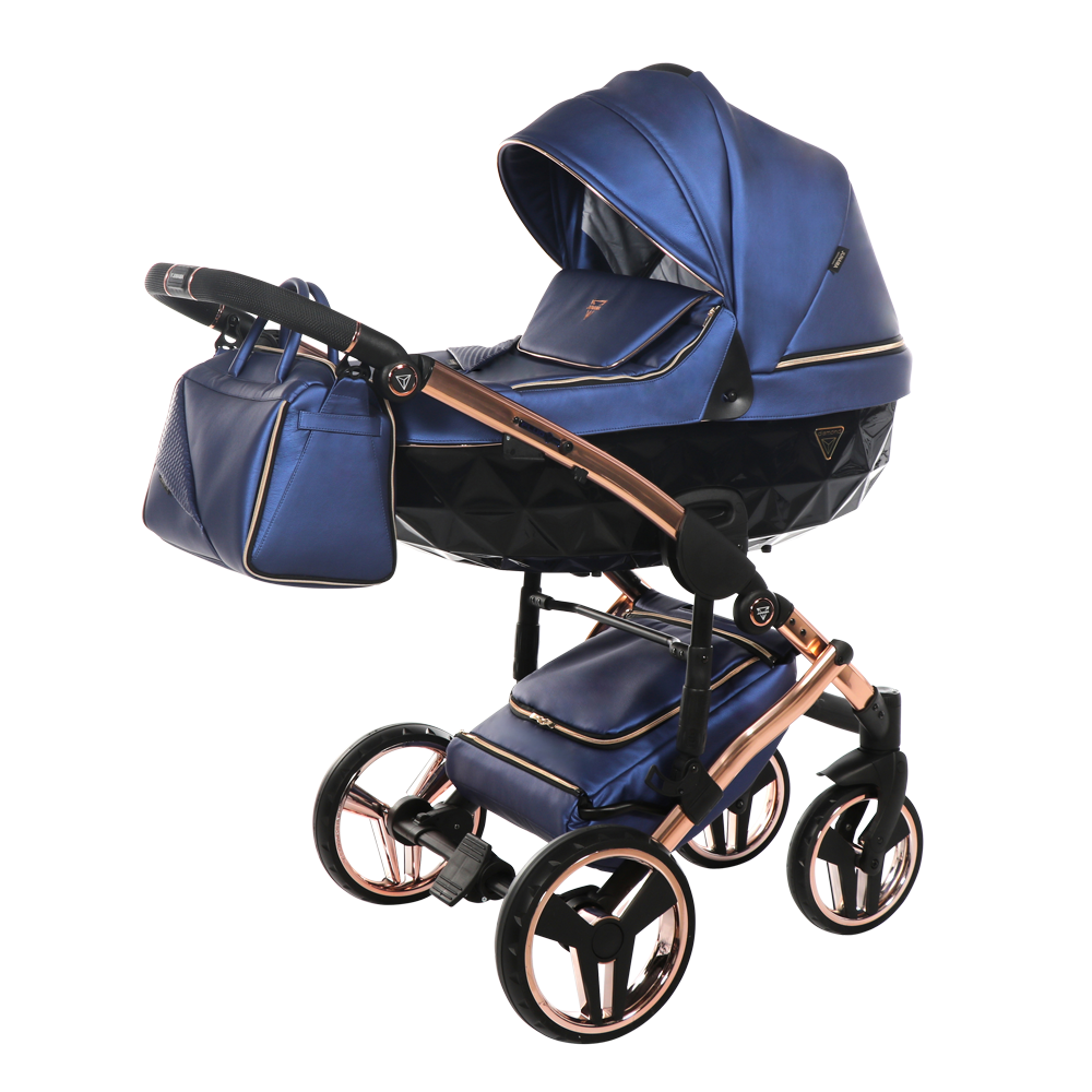 Blue and rose gold baby stroller on a white background