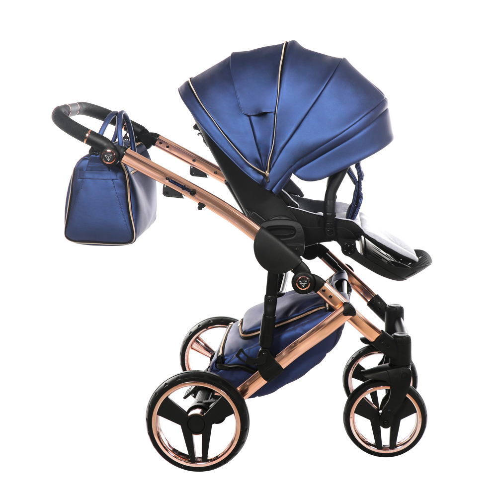 Blue and rose gold baby stroller on a white background