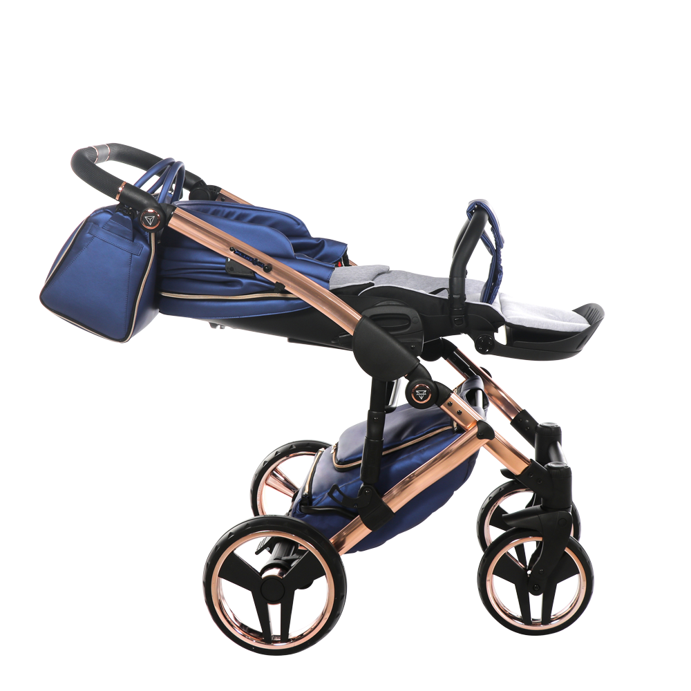 Blue and rose gold golf trolley on a white background