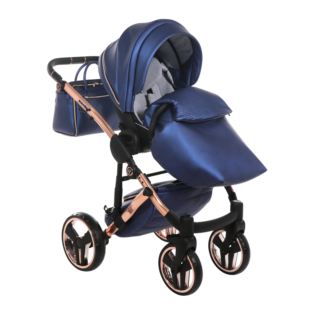 Blue baby stroller with rose gold accents on a white background