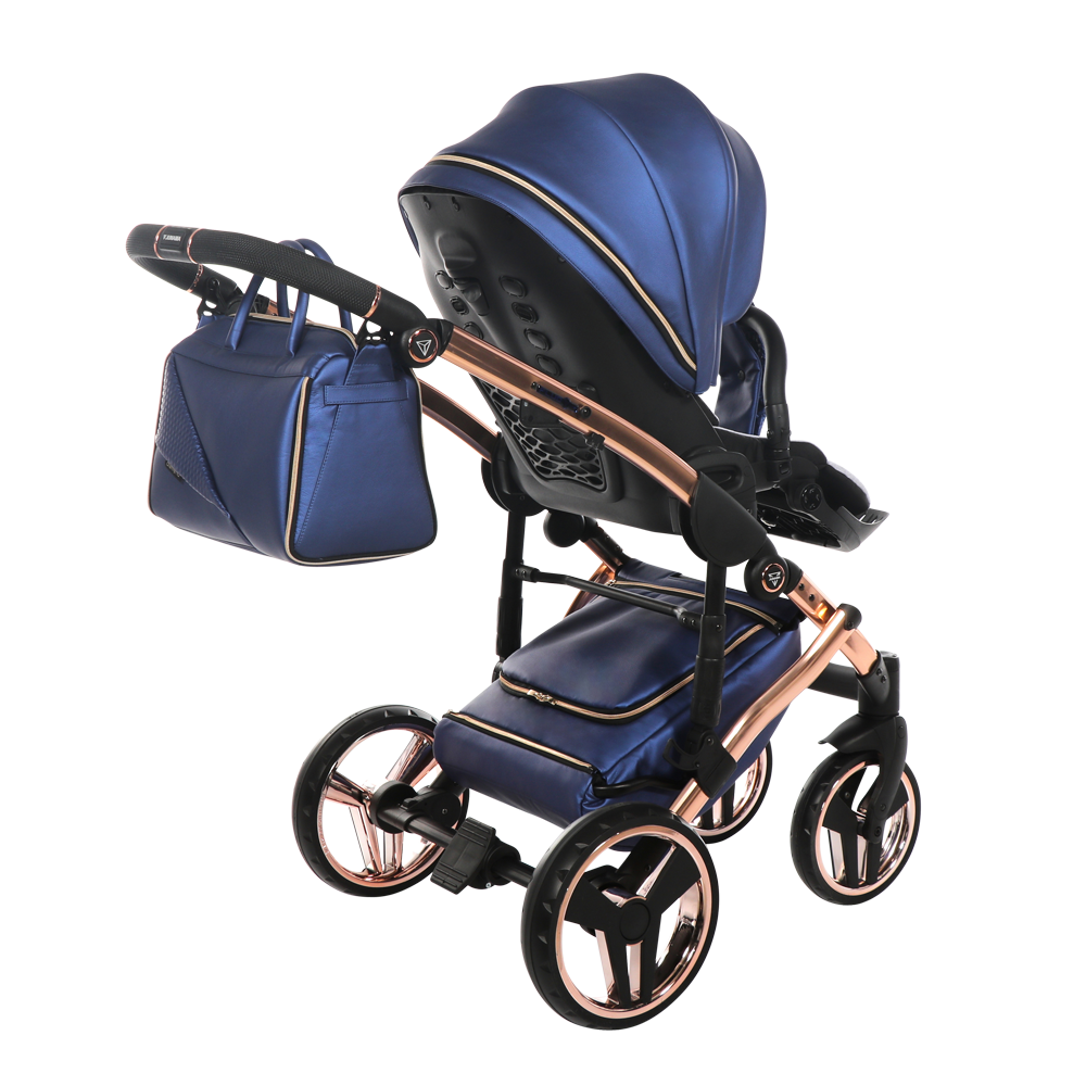 Blue baby stroller with rose gold accents on a white background