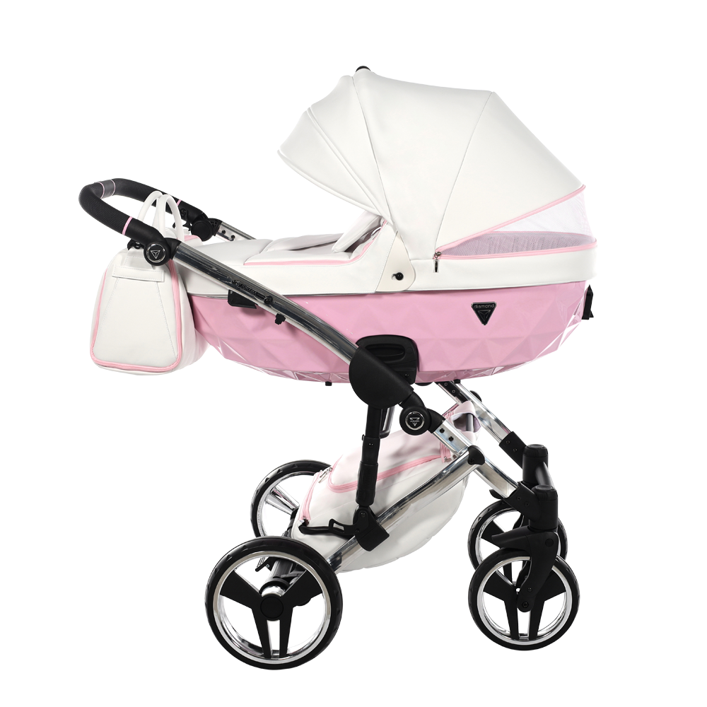Pink and white baby stroller with canopy on a white background