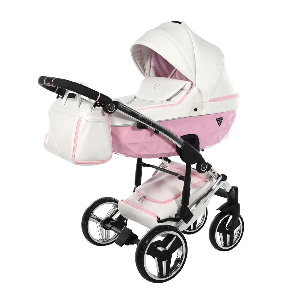 White and pink baby stroller on a white background