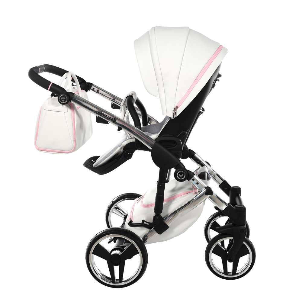 Baby stroller with white canopy and black wheels on a white background