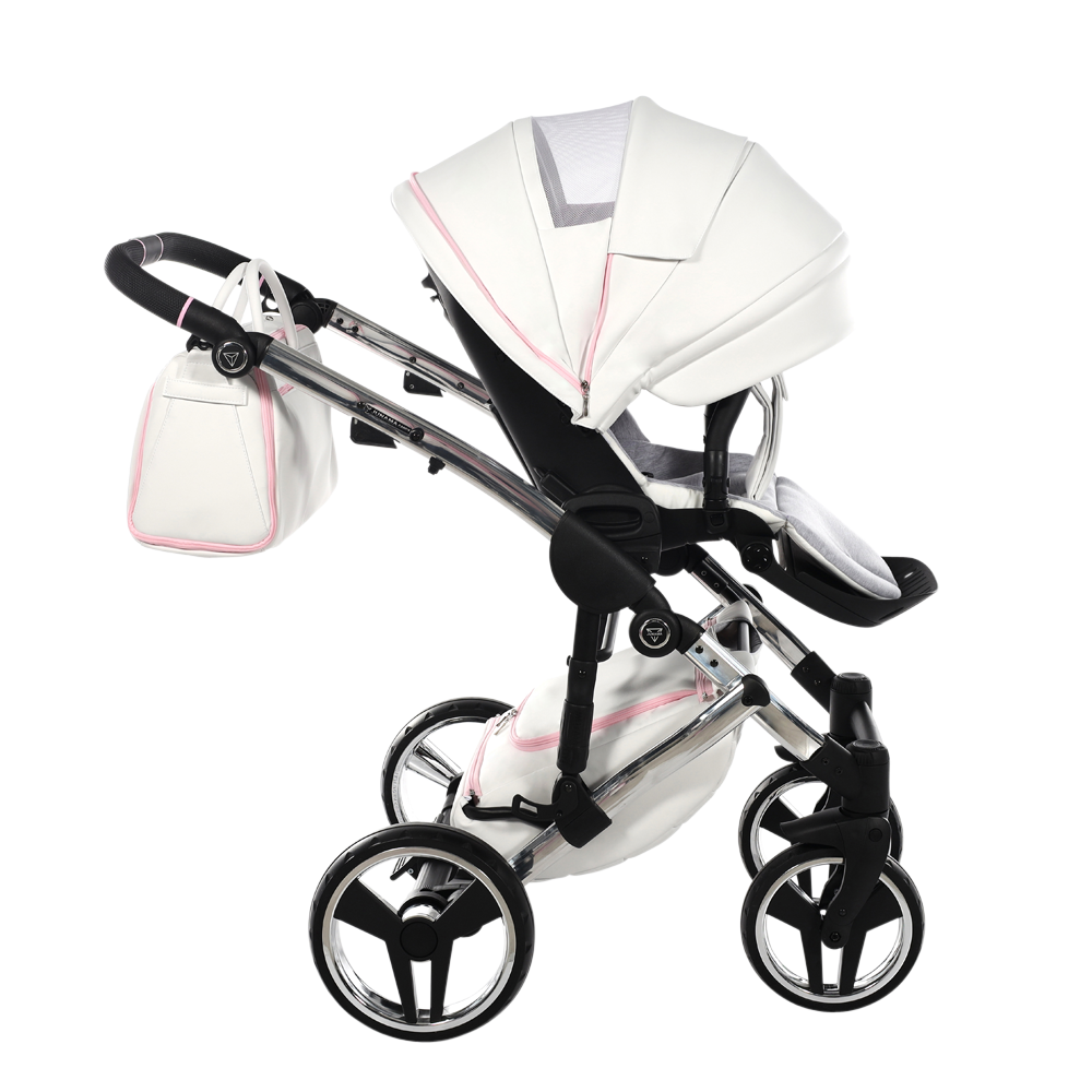 White baby stroller with canopy on a white background
