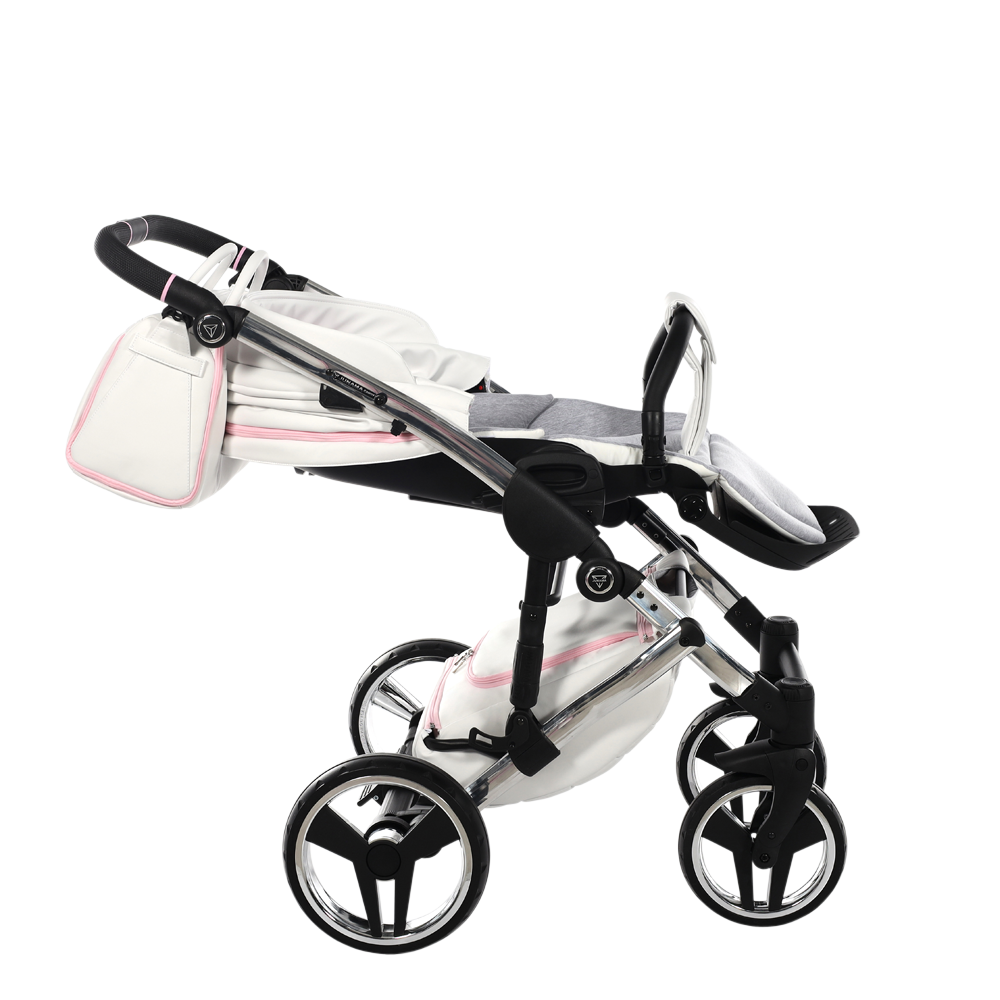 White baby stroller with black wheels on a white background