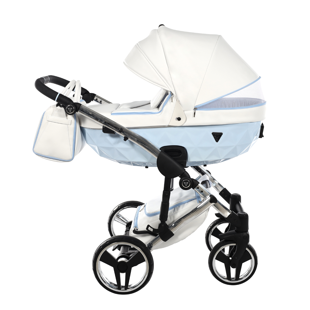Baby stroller with white canopy and light blue body on a white background