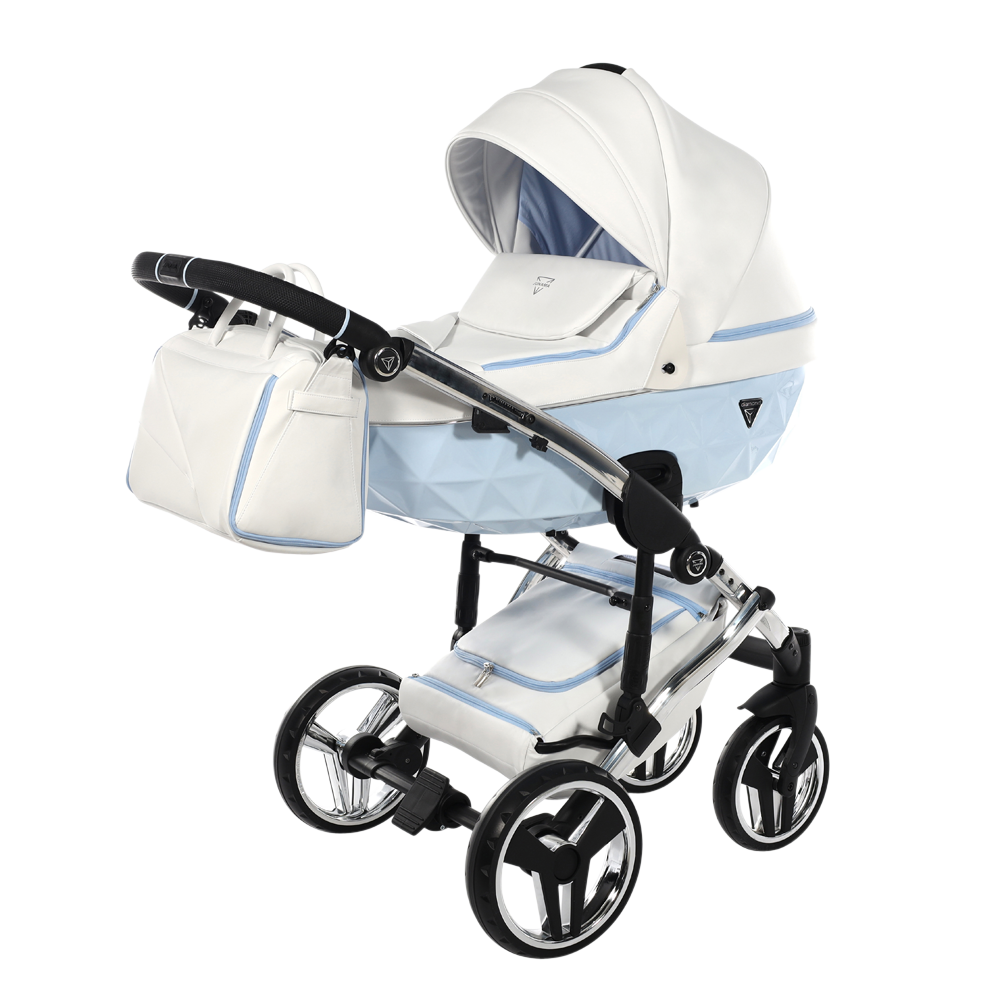 White and light blue baby stroller on a white background